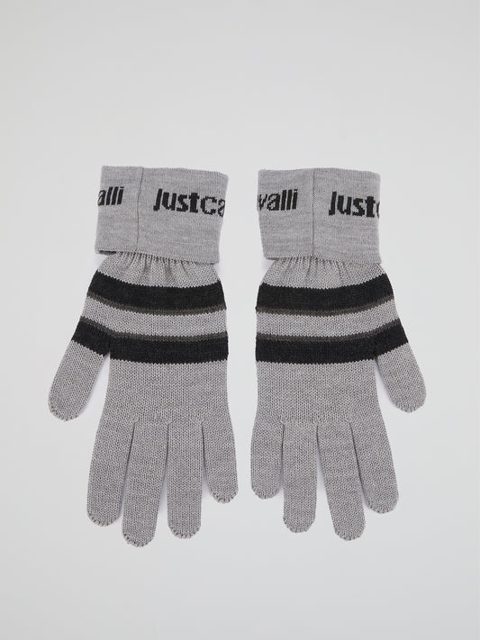 Grey Striped Knitted Gloves