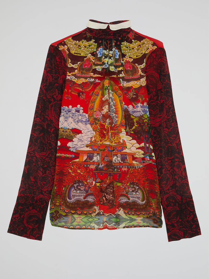 Oriental Print High Neck Shirt