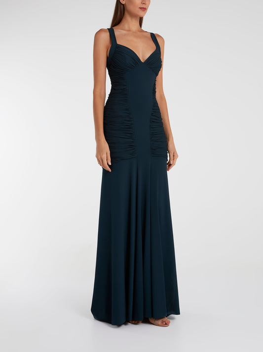 Navy Ruched Long Tail Maxi Dress