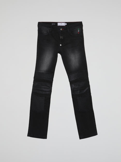 Black Leather Patch Faded Jeans (Kids)